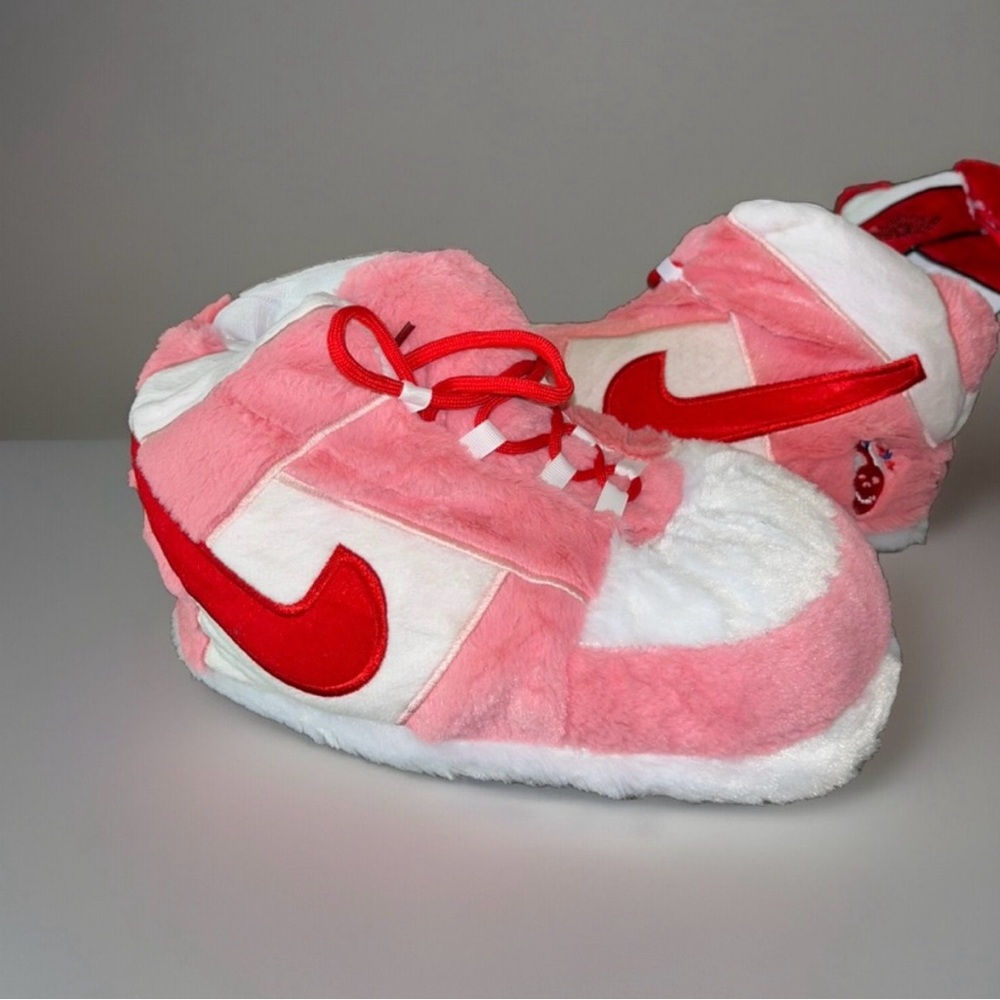 Nike Pink and White Plush Slippers